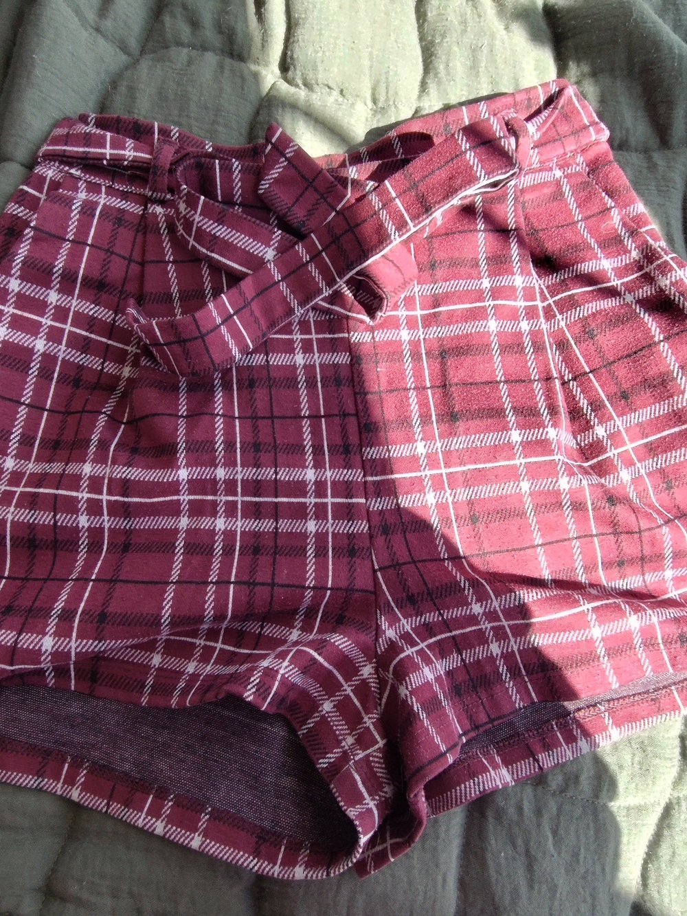 High-Waist Burgundy Plaid Women’s Shorts with Self-Tie Belt